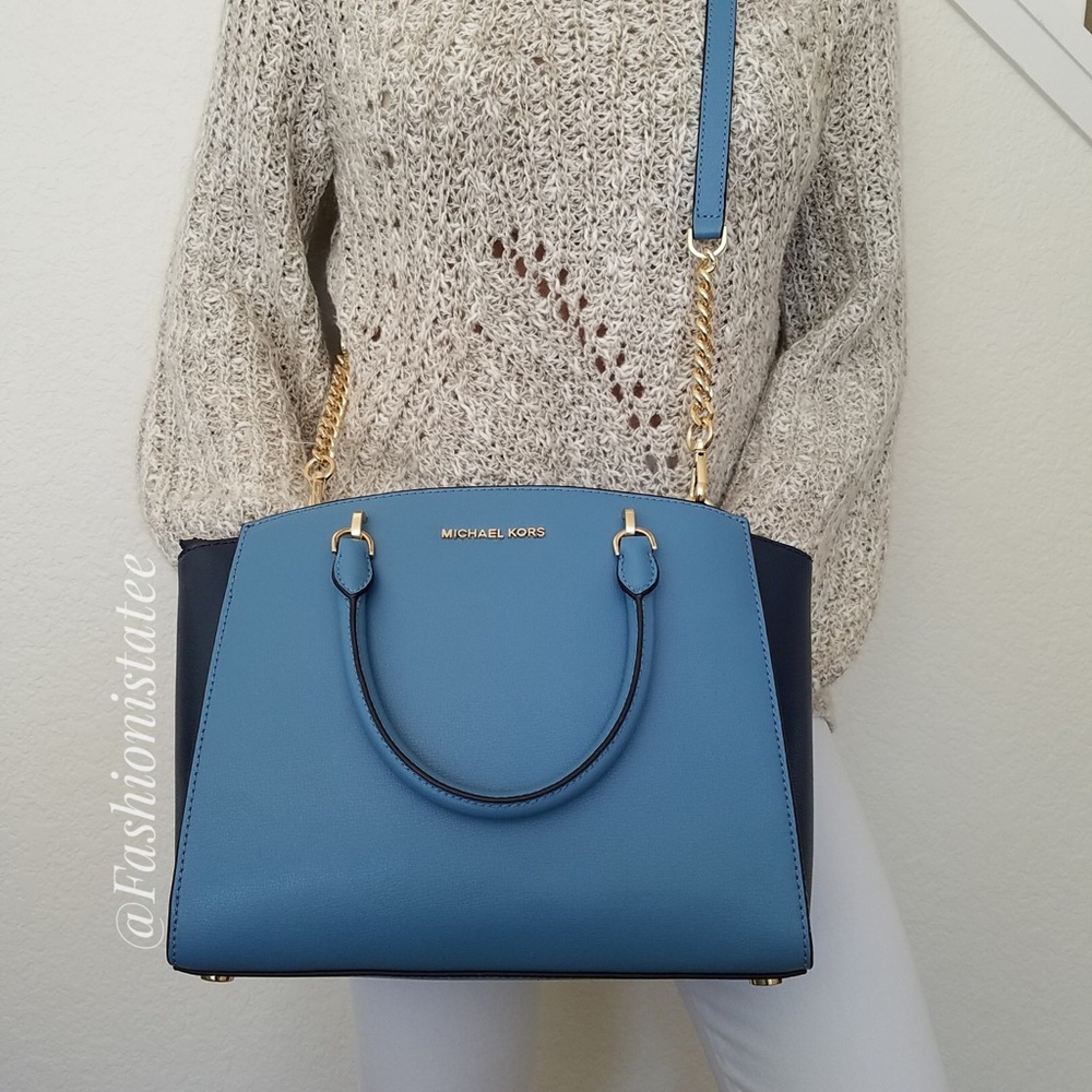 NWT MICHAEL KORS LARGE ELLIS SKY NAVY SATCHEL BAG - Picture 3 of 8